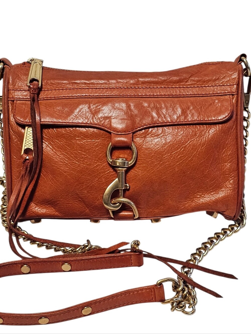 REBECCA MINKOFF MINI MAC Cognac Brown Crossbody Leather Handbag Chain Strap